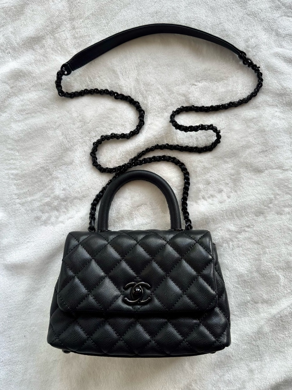 Black on Black Caviar Quilted Top Handle Crossbody Bag Mini